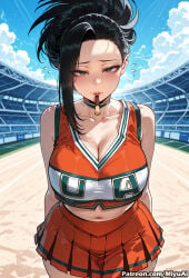1girl ai_assisted ai_generated bangs bare_shoulders beach black_eyes black_hair blue_sky blush boku_no_hero_academia breasts choker cleavage clothes_writing cloud collarbone crop_top curvaceous curvy curvy_female curvy_figure day female hair_pulled_back large_breasts looking_at_viewer midriff miyuai mole mouth_hold my_hero_academia navel outdoors patreon_logo pleated_skirt ponytail skirt sky solo sportswear thick thick_ass thick_butt thick_hips thick_legs thick_thighs voluptuous voluptuous_female watermark wide_hips wide_thighs yaoyorozu_momo