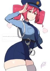 1girls 2d 2d_(artwork) absolute_territory annoyed annoyed_expression arched_back artist_signature belly belt big_breasts big_thighs blush breasts closed_mouth clothed clothed_female clothing cuffs curvaceous curvy curvy_female curvy_figure fat_thighs female female_only frown fully_clothed gigantic_thighs half-closed_eyes handcuffs hat high-waist_skirt high_waisted_skirt hips_wider_than_shoulders hourglass_figure huge_thighs kasane_teto koeikobo large_breasts large_thighs looking_at_viewer massive_thighs microskirt miniskirt necktie odaibako pencil_skirt plump plump_thighs police police_hat police_uniform policewoman posing red_eyes red_hair request salute shiny_skin skindentation skirt slim_waist solo solo_female striped sweat sweatdrop sweating thick_thighs thigh_squish thighhighs thighs thighs_bigger_than_head thighs_bigger_than_torso twin_drills uniform utau voluptuous voluptuous_female white_legwear wide_hips zettai_ryouiki