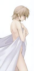 1boy adolescent aki_sora aoi_sora blonde_hair blush boy censored embarrassed_nude_femboy femboy male naked nude sheet sheets