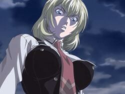 00s 1girls 2005 american animated anime_screenshot bible_black bible_black_new_testament blonde_hair bouncing_breasts bow bowtie breasts cloud cloudy_sky female female_focus hexagram jody_crowley large_breasts school_uniform shin_bible_black shirt short_hair sky smirk tagme