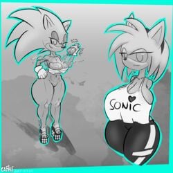 2017 amy_rose anthro big_breasts bottomless breasts cephei clothed clothing duo female footwear fur hedgehog legwear looking_at_viewer mammal monochrome nude platform_footwear pussy rule_63 shoes shortstack simple_background smile sonic_(series) sonic_the_hedgehog sonique_the_hedgehog thick_thighs tights video_games wide_hips yoga_pants