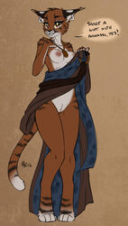 2017 ahnassi anthro breasts brown_background clothing dress ear_piercing english_text feline female fluff-kevlar fur furry khajiit mammal medallion morrowind nipples piercing solo text the_elder_scrolls video_games