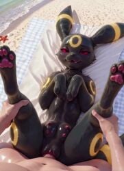 ai_generated animated beach beach_towel black_fur cum_in_pussy cum_inside cute female female_focus feral feral_penetrated game_freak human human_on_feral male male/female missionary_position moaning_in_pleasure nintendo pokemon red_sclera seashell seaside slow_penetration sound_warning tagme umbreon vaginal_penetration video