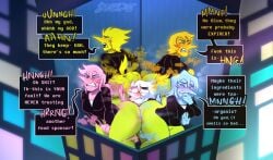 1boy addison_(deltarune) background big_ass big_butt blue_addison blush city_background cityscape clothing colorful_gas deltarune dialogue eproctophillia fart farting farting_in_face food_poisoning full_color gas_cloud humanoid male nonbinary onomatopoeia orange_addison pink_addison_(deltarune) self_upload spamton_g_spamton suede_(artist) sweating uncomfortable yellow_addison