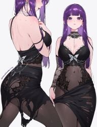 absurdres alternate_costume bare_shoulders black_dress blush breasts closed_mouth covered_navel cowboy_shot dress earrings female fern_(sousou_no_frieren) from_side goth_fashion highres jewelry large_breasts long_hair looking_at_viewer multiple_views paid_reward_available pantyhose patreon_username purple_eyes purple_hair qiandaiyiyu simple_background sousou_no_frieren standing strap_slip sweat thighs torn_clothes white_background