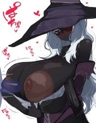 1boy 1girls areolae bandai_namco black_skin blush breasts breasts_bigger_than_head bursting_breasts cleavage dark_skin elden_ring elden_ring_nightreign female female_focus fromsoftware huge_breasts japanese_text male massive_areolae massive_breasts nipples paizuri penis perpendicular_paizuri recluse_(nightreign) shiny_skin sintaro_okabe smile titjob white_background white_hair witch_hat