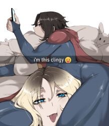 2girls big_breasts black_hair blonde_hair blue_bodysuit blue_eyes bodysuit breasts cape dc dc_comics dc_extended_universe dcu dual_persona female female/female female_only fully_clothed head_between_thighs im_this_clingy_(meme) kara_zor-el large_breasts masoq095 meme milly_alcock multiple_females multiple_girls selfcest selfie short_hair supergirl supergirl_(dcu) supergirl_(sasha_calle) superheroine superman_(2025) superman_(series) the_flash_(2023) the_flash_(series) thick_thighs thighs tight_clothing tomboy tongue_out yuri