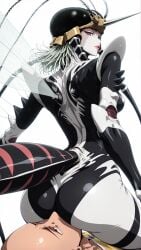 1boy 1girls ai_generated female insect_girl insects lascivaai male mosquito_girl_(one-punch_man) one-punch_man saitama sitting_on_face