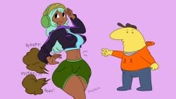 adult_swim belly blue_hair bowel_sounds brap charlie_(smiling_friends) dark_skin dolly_dimpley fart fart_fetish farting hat headphones ikasplash midriff navel short_shorts smiling_friends tan_skin tummy yellow_skin