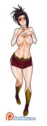 1girls 2d adult_swim belly black_eyes black_hair breasts dark-skinned_female dark_skin dragon_ball dragon_ball_super earrings female frown jago_dibuja kale ponytail sad_face saiyan shaved_pussy short_hair solo spiky_hair toonami