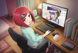 2girls ai_generated big_breasts black_hair blush brown_eyes caught chabashira_tenko computer_monitor danganronpa danganronpa_v3 desk female female_only light-skin masturbation new_danganronpa_v3 novelai pajamas red_hair sitting_on_chair watching_porn yumeno_himiko