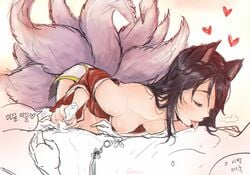 ahri black_hair breasts cowgirl_position fox_ears fox_girl fox_tail handjob heart jorin league_of_legends licking medium_breasts nipple_licking nipples penis saliva sex sweat