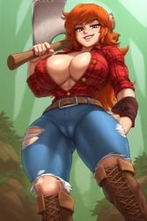 abs ai_generated axe belt female_only forest freckles ginger infinite_ai large_breasts long_hair looking_down lumberjack plaid_shirt solo sweat trees unbuttoned_shirt