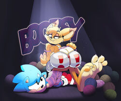 !! 3_fingers 3_toes big_feet blue_fur bobcat bound bubsy bubsy_(series) chest_tuft claws cleavage eyelashes feet feline femdom fluffy_tail furry hedgehog heels hyper_breasts inner_ear_fluff malesub mammal paws rabid rule_63 sega sitting sitting_on_person soles sonic_(series) sonic_team sonic_the_hedgehog sweatdrop toe_spread toes video_games yarn zipper