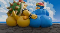 2025 2boys 3d 3d_(artwork) 4_fingers anthro armband armor ass avian beak big_butt bird blue_body blue_feathers bodily_fluids bowser bracelet claws cloud day digital_media_(artwork) duo english_description eyebrows feathers fingers furry furry_male furry_only green_shell hair half-closed_eyes headgear headgear_only helmet helmet_only hi_res horn jewelry king_dedede kirby_(series) koopa looking_back male male_only mario_(series) narrowed_eyes nintendo nude_anthro nude_male outside penguin rear_view red_eyebrows red_eyes red_hair red_helmet reptile scales scalie sharp_teeth shell sitting spiked_armband spiked_bracelet spiked_shell spikes spikes_(anatomy) streetsign01 super_mario_bros. sweat sweatdrop tail teeth touching_butt water white_claws yellow_body yellow_scales