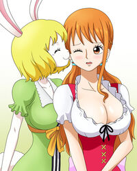 2girls biting_lip breasts bunny_girl carrot_(one_piece) cleavage female female_only human interspecies large_breasts licking mink_tribe nami one_piece post-timeskip whole_cake_island yuri