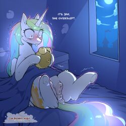 alarm_clock alicorn animal_genitalia anus blush bodily_fluids clock cold-blooded-twilight detailed_background english_text equid equine equine_genitalia eyelashes female feral friendship_is_magic genitals hair hasbro hi_res horn horse inside mammal multicolored_hair my_little_pony mythological_creature mythological_equine mythology pony princess_celestia_(mlp) pupils pussy quadruped solo sweat tail text thick_thighs vulva white_body window wings