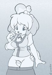 2014 absurdres alternate_breast_size animal_crossing animal_ears anthro artist_name bell between_legs breast_grab breasts claws crombie dated disembodied_limb disembodied_penis dog_ears dog_tail female fur furry grey_background greyscale hair_bell hand_on_ass hand_up heart isabelle_(animal_crossing) large_breasts looking_down monochrome nintendo open_mouth penis pussy ribbon shirt short_hair short_sleeves signature simple_background skirt skirt_pull solo standing tail text thigh_sex tied_hair tongue vest