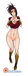 1girls adult_swim black_eyes black_hair breasts dark-skinned_female dark_skin dragon_ball dragon_ball_super earrings female jago_dibuja kale ponytail sad_face saiyan shaved_pussy short_hair spiky_hair toonami