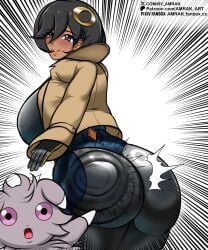1girls amrak ass ass_focus big_ass big_breasts black_bodysuit black_hair blush bodysuit breasts brown_jacket bubble_ass bubble_butt clothing dat_ass emma_(pokemon) emma_(pokemon_legends:_z-a) espurr female game_freak hair half-closed_eyes huge_ass huge_breasts jacket looking_back matiere_(pokemon) matiere_(pokemon_legends:_z-a) meme meme_reference motion_blur motion_lines naughty_face nintendo nyasper peace_sign pointing pokemon pokemon_(species) pokemon_legends:_z-a purple_eyes short_hair smacking_ass smacking_own_ass smile soyjak_pointing_meme speed_lines thick_thighs thighs tight_clothing tongue tongue_out