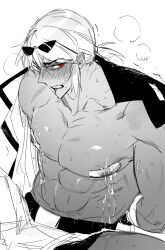 1boy bandaids_on_nipples blush blush_lines buff buff_male danganronpa danganronpa_another fanganronpa jacket lactation makunouchi_hajime male male_only muscles muscular muscular_male only_male open_jacket ponytail red_eyes sketch sunglasses sunglasses_on_head super_danganronpa_another_2 sweat sweatdrop sweating tanned tanned_male tanned_skin techa vein veins veiny veiny_muscles