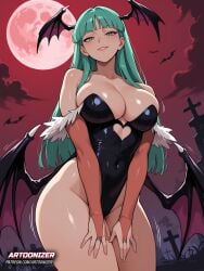 ai_generated artoonizer bare_shoulders bat bat_wings big_ass big_breasts black_leotard blunt_bangs breasts bridal_gauntlets capcom cemetery darkstalkers demon_girl demon_wings female from_below green_eyes green_hair head_wings huge_ass huge_breasts leotard light-skinned_female light_skin long_hair looking_at_viewer moon morrigan_aensland patreon patreon_username posing red_moon shiny_skin smile solo solo_female solo_focus standing succubus thick_thighs tombstone wide_hips wings