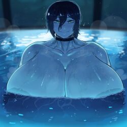 1girls ababachenchen areolae big_breasts blush breasts chainsaw_man choker dark_hair female female_focus female_only gigantic_breasts green_eyes huge_breasts night pool reze_(chainsaw_man) skinny_dipping swimming_pool water wet
