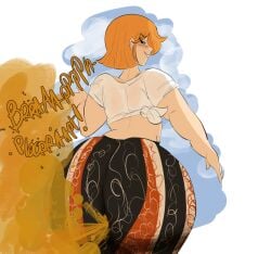 1female 1girls bottom_heavy bubble_butt fart fart_fetish farting fat_ass female female_only flare_pants forbidden_pants huge_ass looking_back melissaalli nami_(one_piece) one_piece orange_hair pre-timeskip pre_timeskip smirking stinky teasing twitter_link wide_hips