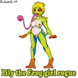 1:1 2019 amphibian anthro belly big_belly bodily_fluids breasts digital_media_(artwork) dungeons_and_dragons female flippers frog hair hi_res monster nipples nude open_mouth paws ponytail pussy rubiont-47 saliva smile solo tongue