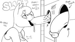 animated anthro bathroom big_penis breasts canine clothed clothing cum cum_drip cum_in_mouth cum_inside dianna_(komponi) disembodied_penis dripping duo english_text erection fellatio female glory_hole greyscale half-erect humanoid_penis infinite_cum komponi male mammal monochrome oral penis public_restroom restroom_stall sex smile straight swallowing text