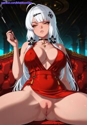 2025 ahoge ai_generated bangs bare_shoulders black_choker blunt_bangs breasts choker cleavage collarbone commando couch covered_nipples dark-skinned_female dark_skin dress explicit female female_focus hair_accessory hair_ornament highres holding hoyoverse huge_breasts large_breasts long_hair looking_to_the_side miamoonsins mihoyo nail_polish no_panties official_alternate_costume parted_lips patreon pussy red_dress red_nails sitting solo spread_legs spread_pussy thick_thighs thighs uncensored very_long_hair white_hair yellow_eyes yixuan_(zenless_zone_zero) zenless_zone_zero