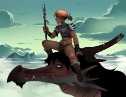 armor clouds dakota_(the_rock_cocks) dragon leslie_brown medieval medieval_armour mountain mountains muscular orange_hair sci-fi science_fiction six_pack sky spear spiked_bracelet steg_(the_rock_cocks) the_rock_cocks tied_hair transmasc vagina
