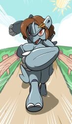 after_transformation brown_hair chabble fast grace_(pokemon) gray_body grey_skin hair hairclip horn pokemon pokemon_(species) pokemon_only post-transformation red_eyes rhinoceros rhyhorn running running_towards_viewer tagme technically_nude transformation