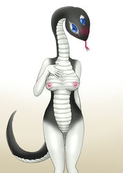 anthro blue_eyes blush breasts centaur_no_nayami female forked_tongue multi_eye nipples nude orca_(artist) pussy quetzalcoatl_sassassul reptile scalie simple_background snake solo tongue tongue_out