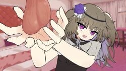 1girls balls eyebrows_visible_through_hair eyelashes_visible_through_hair female male meimei_himari purple_eyes purple_eyes_female testicles twintails voicevox yuuki_takara