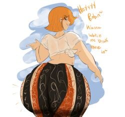 1girls alternate_ass_size ass big_ass bottom_heavy bubble_butt fat_ass female flare_pants forbidden_pants fully_clothed huge_ass looking_back melissaalli nami_(one_piece) one_piece orange_hair part_1 part_of_a_set smirking teasing text twitter_link wide_hips