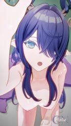 1girls 3d 9:16 :o antlers aolia_(aoliagon) blue_eyes blue_hair breasts collarbone completely_nude earrings female from_above genshin_impact green_background hair_over_one_eye horns hoyoverse jewelry lauma_(genshin_impact) long_hair looking_at_viewer medium_breasts mihoyo nipples nude open_mouth pale-skinned_female pale_skin pointy_ears pov pov_eye_contact shorter_than_10_seconds solo tagme tail vertical_video video viewer_pov
