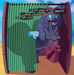 2025 4_fingers absurd_res alien alien_humanoid anthro arched_back ass beetleartz big_butt bigbchevalier blue_bottomwear blue_clothing blue_eyes blue_shorts blush bottomwear bottomwear_down caught_in_the_act clothed clothing curtains dialogue dildo disembodied_hand disney embarrassed english_description english_text exclamation_point fingers gantu grey_body hi_res humanoid lilo_and_stitch male male_only open_mouth partially_clothed sex_toy shorts shorts_down side_view solo speech_bubble text topless topless_humanoid topless_male