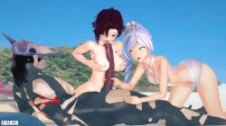 1boy 2girls 3d arrancon beach black_hair black_hair_female blue_eyes boobjob breasts female grimm_(rwby) half-dressed half_naked half_naked_female licking_penis male monster monster_boy monster_cock monster_on_female nude_male penis ruby_rose rwby silver_eyes weiss_schnee white_hair white_hair_female