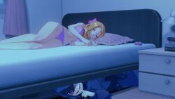 2girls 3d bed black_hair blonde_hair bra female female_only hex_maniac hiding koikatsu lingerie perfect_idiot pokemon pokemon_xy serena_(pokemon) sleeping under_the_bed
