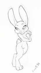 absurdres animal_ears artist_name black_and_white breasts bunny_ears bunny_tail claws clitoris crombie dated disney feet female full_body furry greyscale half-closed_eyes hands_up heart judy_hopps looking_to_the_side medium_breasts monochrome navel nipples no_humans nude open_mouth paws pussy signature simple_background sketch smile solo standing tail teeth text uncensored white_background zootopia