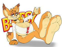 ! 3_fingers 3_toes arm_support big_feet bobcat bubsy bubsy_(series) chest_tuft claws eyelashes feet feline female fluffy_tail heels hyper_breasts inner_ear_fluff looking_at_viewer loose_shirt lying_on_side paws rabid rule_63 sitting smile soles toes video_games