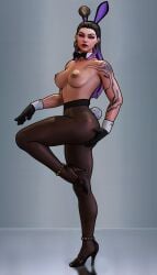 1girls 3d 3d_(artwork) 3d_render animal_ears ankle_strap_heels arm_tattoo ass bare_shoulders black_bowtie black_clothing black_footwear black_gloves black_leotard black_pantyhose black_tattoo bowtie breasts bunny_ears bunny_girl bunny_tail choker cleavage closed_mouth clothing collar collarbone ear_piercing ear_ring eyebrows eyelashes eyeliner eyeshadow female female_focus female_only footwear garter_straps gloves gradient_background hair hair_over_shoulder half-closed_eyes hand_on_ass hands high_heels highleg leotard lips long_hair looking_at_viewer makeup nail_polish nails nipples nose pantyhose purple_eyes reyna_(valorant) sfrinzy valorant