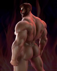 1boy 3d 3d_(artwork) 3d_artwork abs angry angry_expression angry_face ass back_view beard big_chest big_pecs daredevil daredevil_(marvel_rivals) flames flames_only glasses glasses_only gunnsteam looking_behind male male_only marvel marvel_comics marvel_rivals matt_murdock moustache muscles naked naked_male nude nude_male round_ass round_butt solo solo_male standing