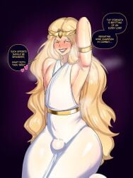 1boy 2025 2d 2d_(artwork) armpit_fetish armpits balls bandai_namco big_ass big_balls blonde_hair breasts bulge bulge_through_clothing curvaceous curvy_figure demigod dialogue dirty_talk elden_ring exposed_breasts exposed_pecs femboy femboy_only fromsoftware gelatomusume god light_skin lipstick long_hair male miquella sissy sitting thick_thighs