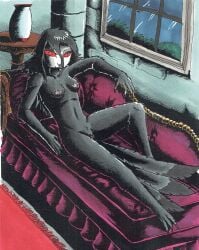 absurd_res anthro avian bird breasts castle dark female hellaverse hellovaboss helluva_boss hi_res inside lounge nipples nude nyghtmar3 octavia_(helluva_boss) owl relaxing slim small_breasts solo traditional_media_(artwork) window