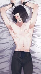 1boy bite_mark bite_marks black_hair bruise bruises chained chained_up chained_wrists chains danganronpa danganronpa_another fanganronpa hair_over_one_eye hickey looking_at_viewer lying_on_back lying_on_bed male male_focus male_only one_eye_covered one_eye_obstructed only_male open_pants pink_nipples pretty_boy purple_eyes shirtless shirtless_male smiling smiling_at_viewer super_danganronpa_another_2 techa wrists_bound wrists_tied yomiuri_nikei