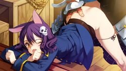 1boy animal_ears armor ass_grab bent_over blush clothed_sex edward_teach_(eiyuu_senki) eiyuu_senki female game_cg looking_at_viewer one_eye_closed ooyari_ashito open_mouth panties panty_pull purple_hair sex short_hair shujinkou_(eiyuu_senki) skull solo_focus straight tears underwear yellow_eyes