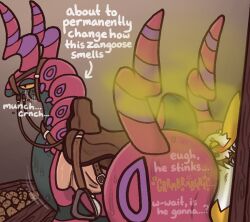 ambiguous/ambiguous ambiguous_gender anthro arthropod austrum bodily_fluids disgust duo eating fart fart_fetish feral furry generation_3_pokemon generation_5_pokemon gewahren_(austrum) imminent_fart male male_(lore) nintendo pokemon pokemon_(species) rumbling_stomach scolipede smelly smelly_butt stink_cloud stink_fumes stink_lines sweat zangoose