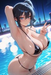 ai_generated arched_back arm_behind_head armpits ass asymmetrical_hair bangs bare_shoulders bikini black_bikini black_hair black_swimsuit blue_eyes blue_hair blush breasts cityscape clavicle cleavage closed_mouth clothing curvaceous female g-string hair_between_eyes huge_breasts indoors kasumi_(pokemon) large_breasts looking_at_viewer micro_bikini misty_(the_electric_tale_of_pikachu) navel night night_sky one_arm_up outdoors partially_submerged pokemon pokemon_character pokemon_rgby ponytail pool poolside presenting_armpit side_ponytail sideboob sidelocks skindentation sky smile solo stomach strap_gap string_bikini swimsuit the_electric_tale_of_pikachu thighs thong thong_bikini thong_swimsuit tied_hair underboob v wading water wet window